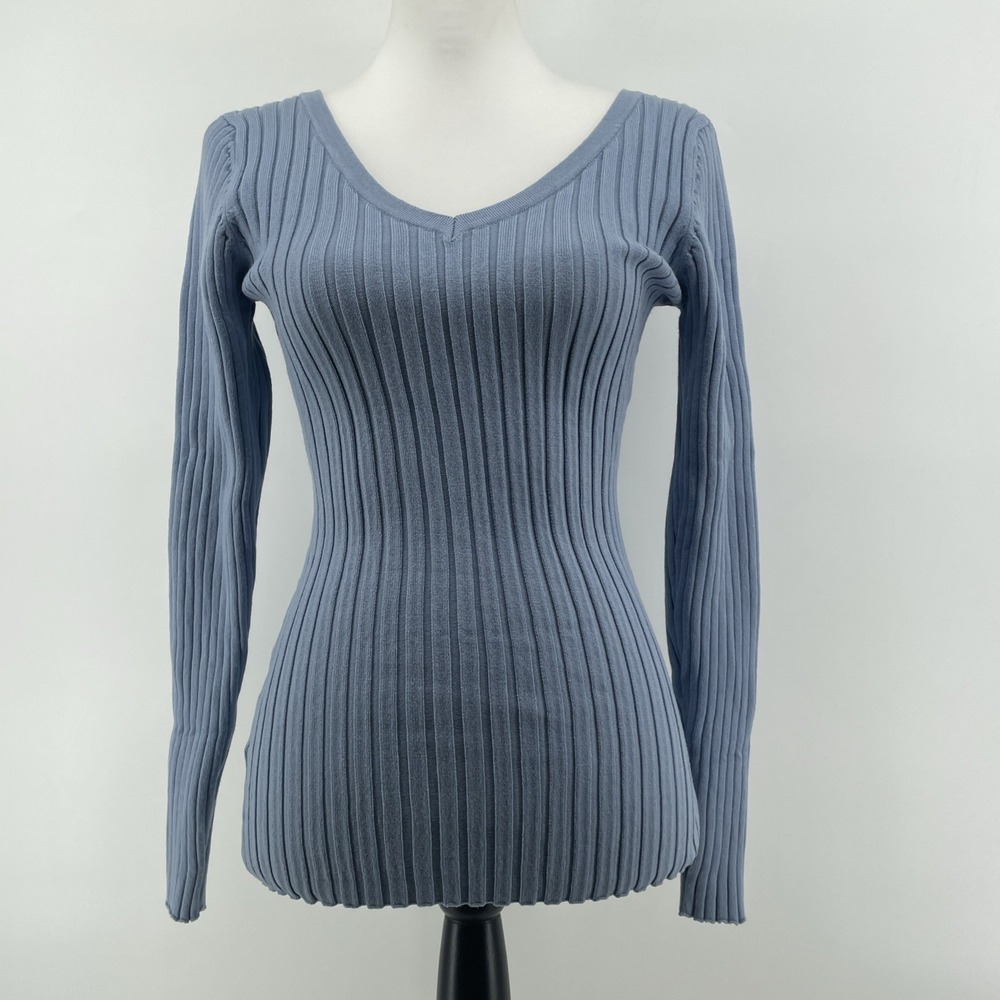 Lot Of‎ 2-Deep V Sweaters Ribbed Soft Viscose Blend Blue And Ivory Stretch